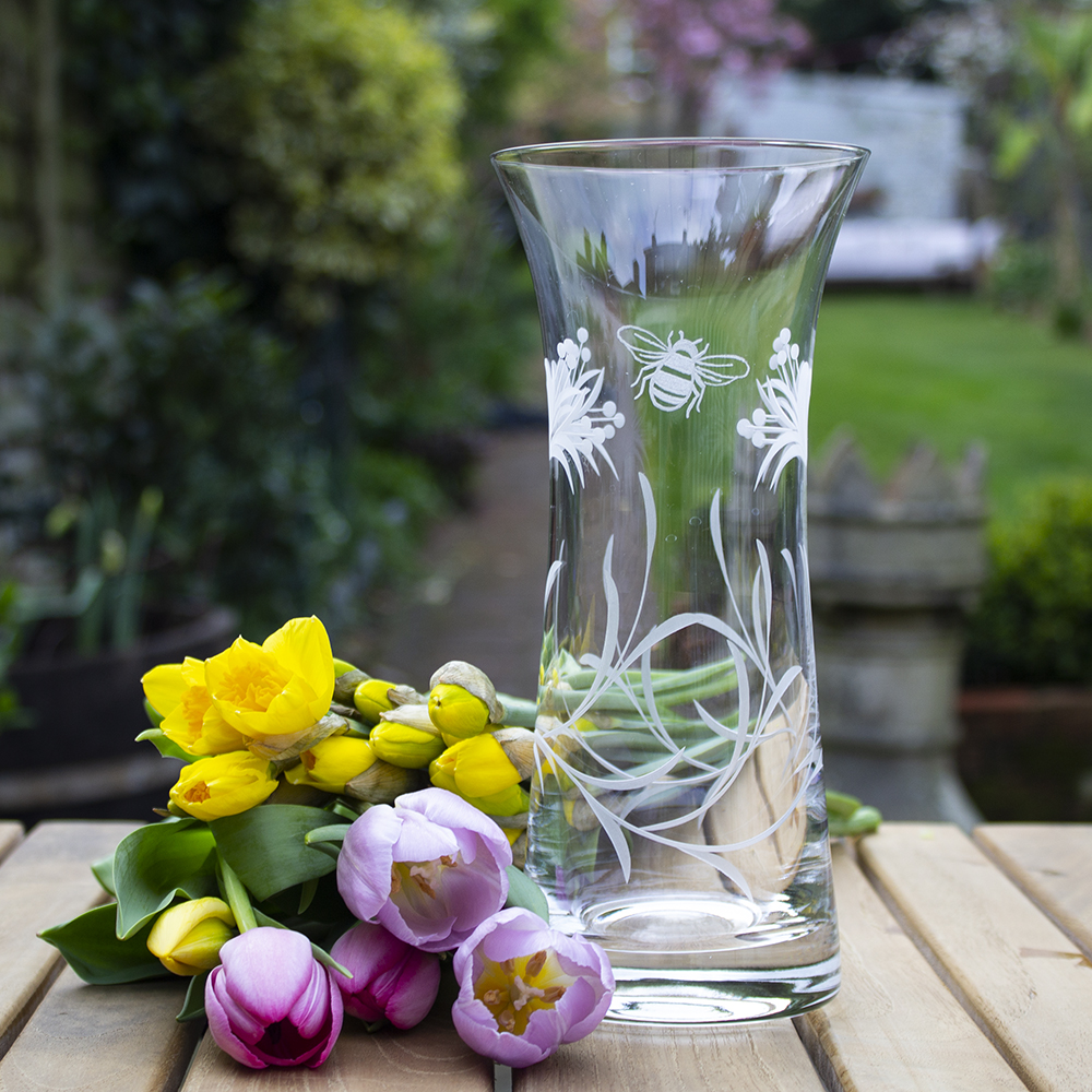 Bee & Honeysuckle Tall Crystal Vase(Giftware) - 250mm (Gift Boxed