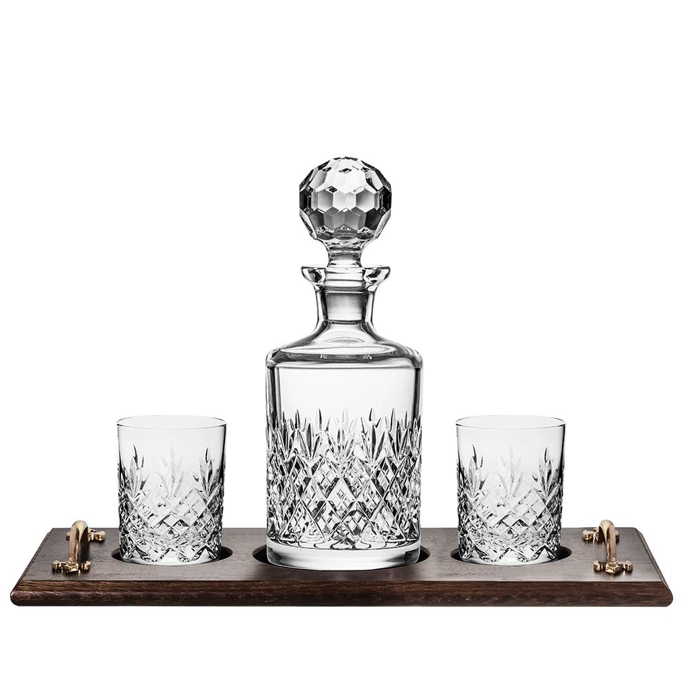 Edinburgh Malt Whisky Tray Set - (Round Spirit Decanter & 2 Whisky Tumblers on solid oak wooden tray) (Gift Boxed) | Royal Scot Crystal