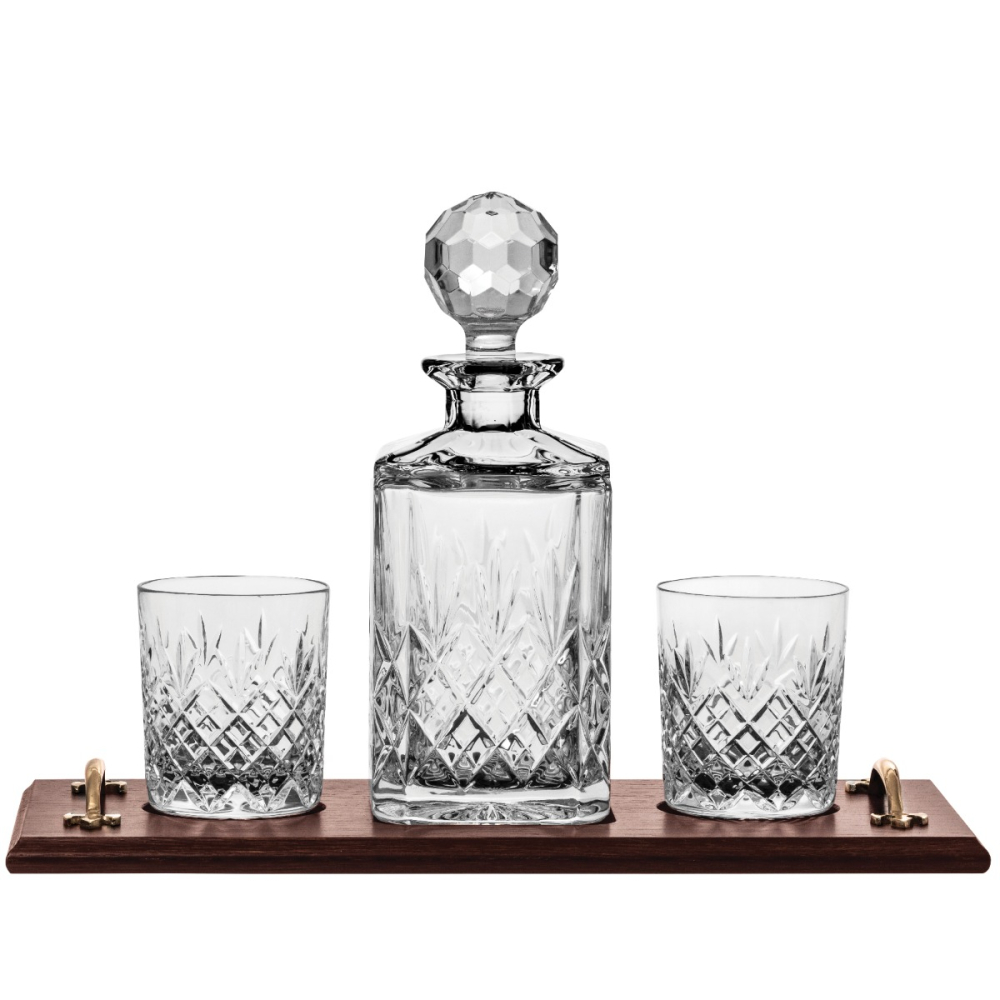 Edinburgh Whisky Tray Set - (Square Decanter & 2 Large Tumblers on a solid oak wooden tray) (Gift Boxed) | Royal Scot Crystal 
