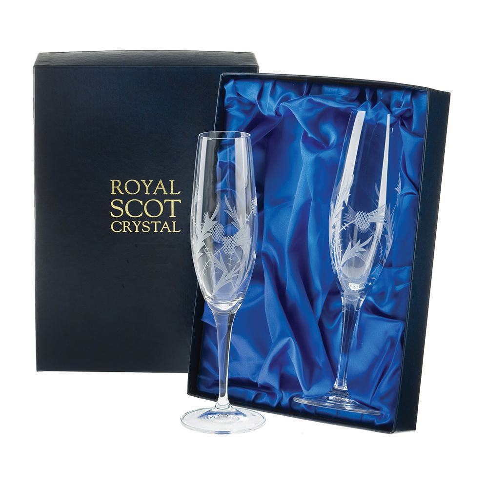 Flower of Scotland (thistle) - 2 Crystal Champagne Flutes 236mm (Presentation Boxed) | Royal Scot Crystal