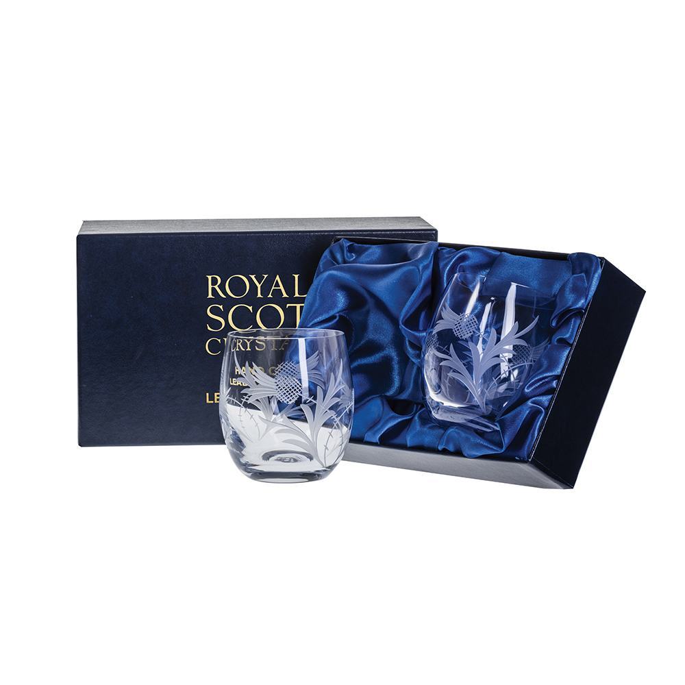 Flower of Scotland (thistle) - 2 Whisky Tumblers (Barrel Shape) 86mm (Presentation Boxed) | Royal Scot Crystal