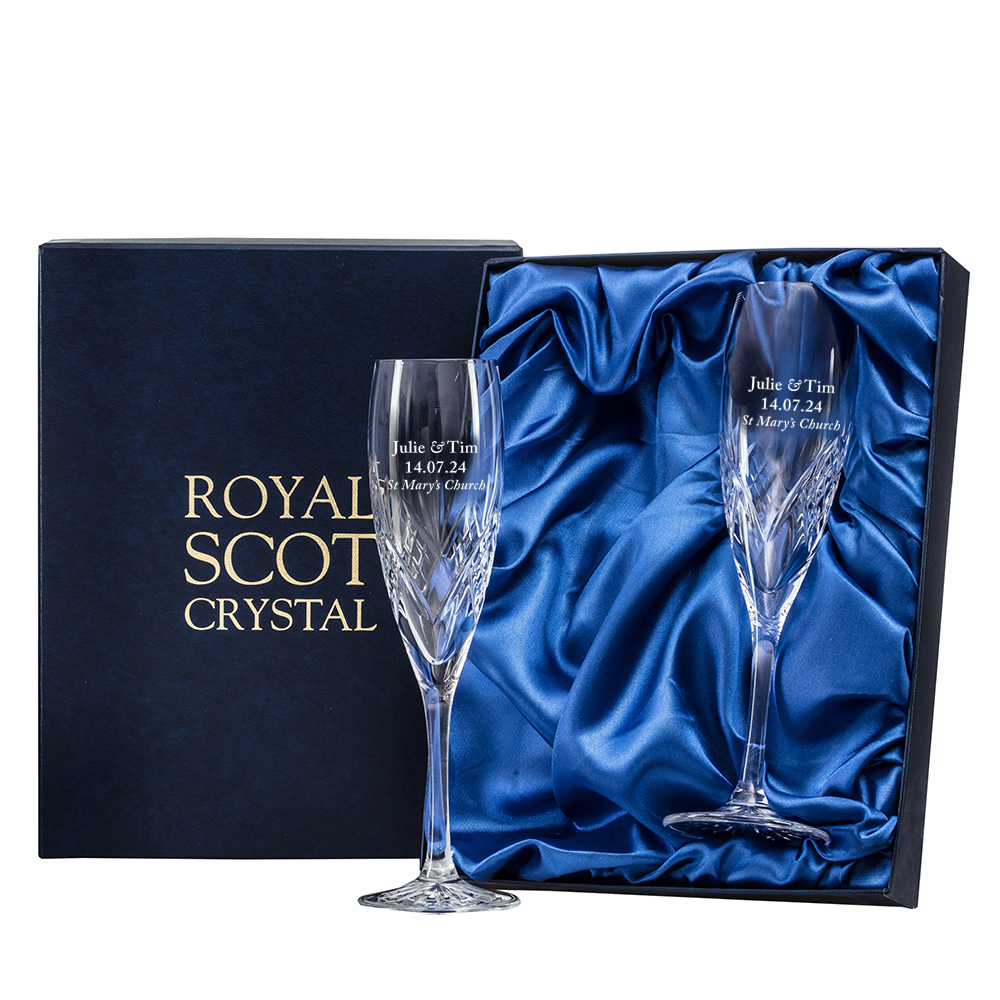 Personalised - Hand Cut Engraved 2 Highland Champagne Flutes - 225mm (Presentation Boxed) | Royal Scot Crystal