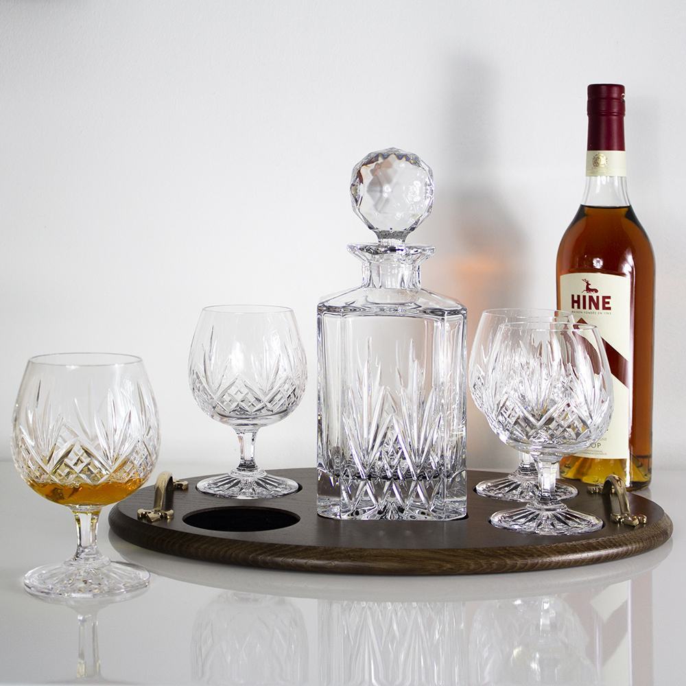 Highland Brandy Club Tray Set (Square Decanter & 4 Brandies on Solid Oak  Wooden Tray) (Gift Boxed)