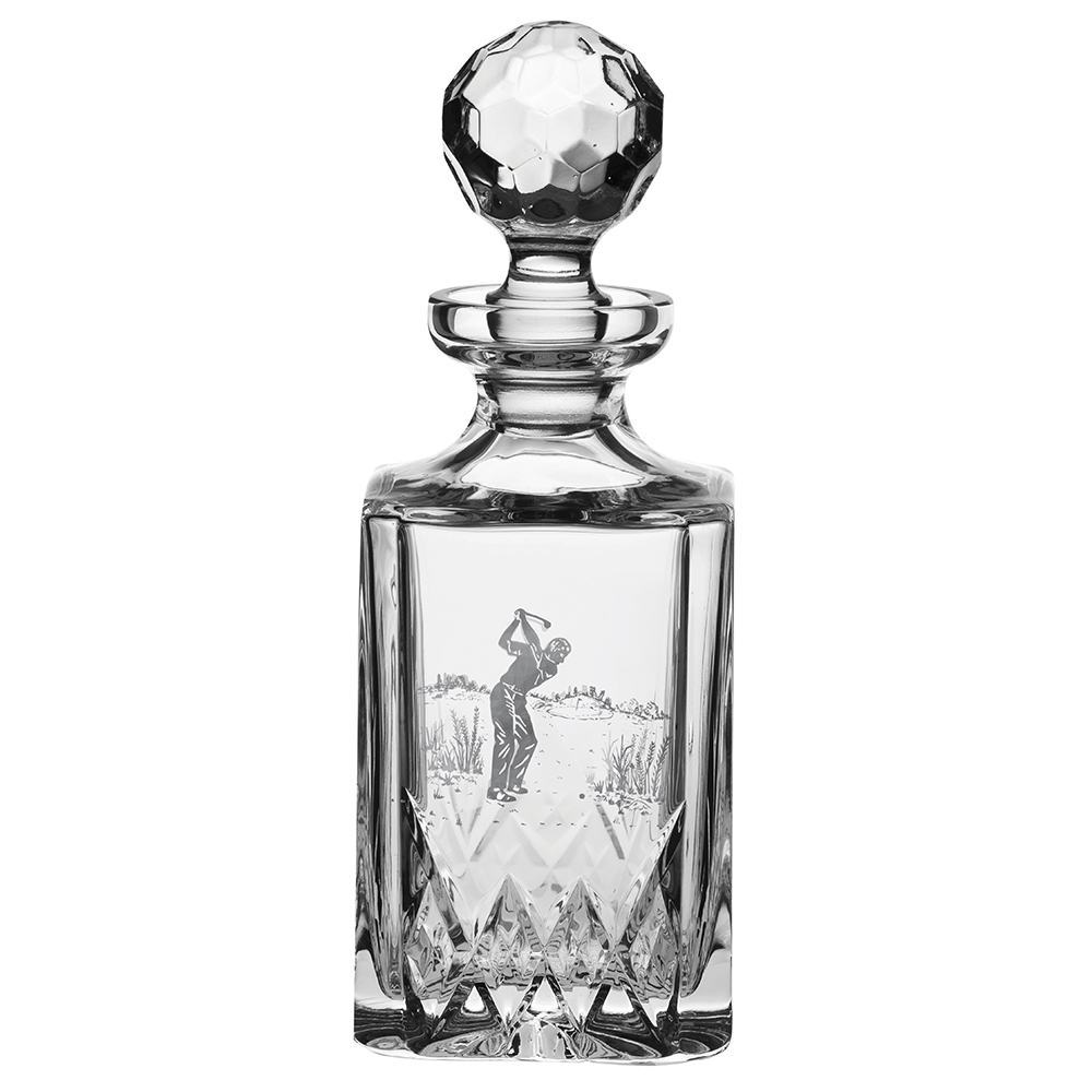Highland Square Spirit Decanter engraved Golfer 245mm (Driving # 1)  (Gift Boxed) | Royal Scot Crystal