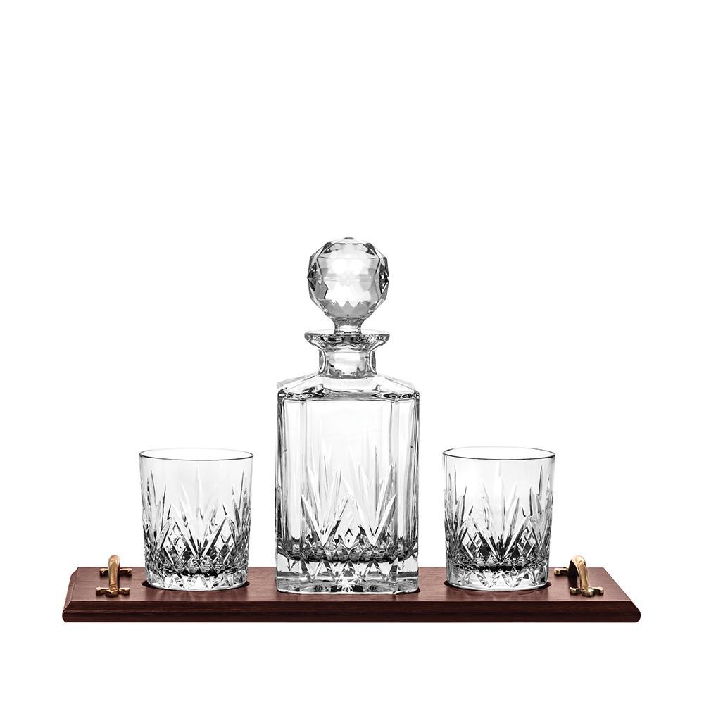 Highland Crystal Whisky Tray Set (Square Spirit Decanter & 2 Large Tumblers (solid oak tray) | Royal Scot Crystal 
