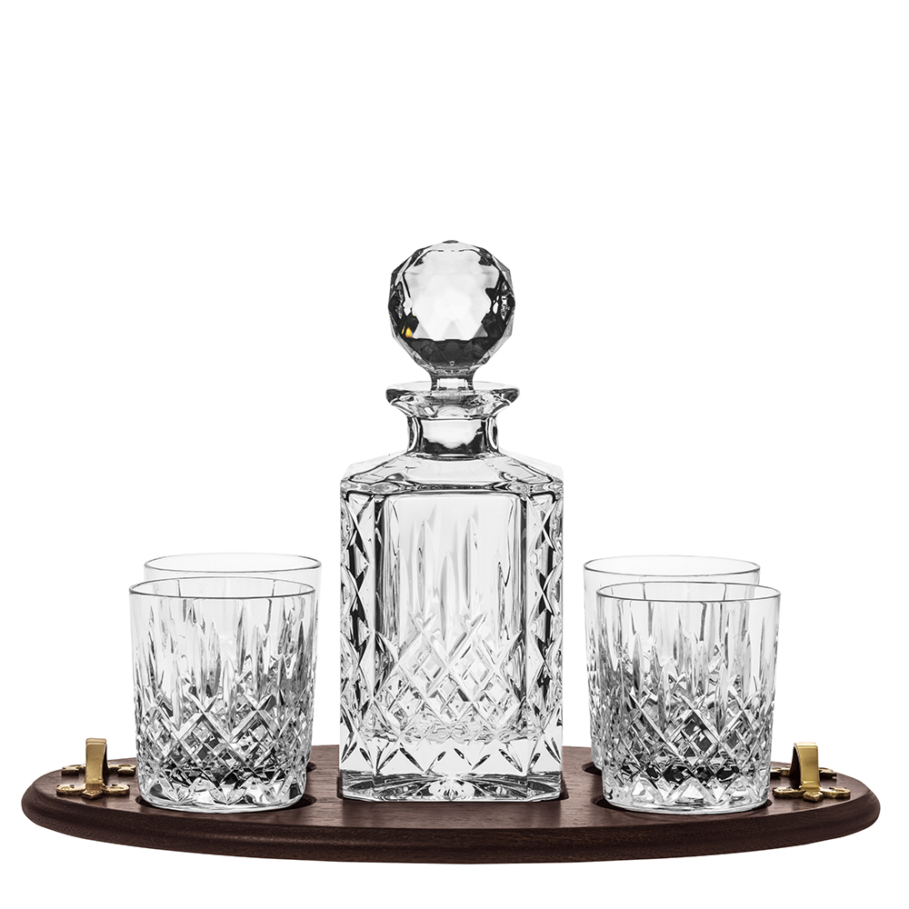 London Club Tray Inc. Crystal Square Spirit Decanter & 4 Large Crystal Tumblers (Solid Oak) (Gift Boxed) | Royal Scot Crystal