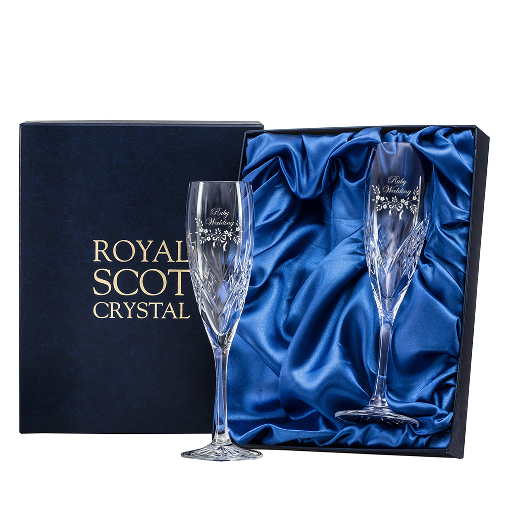 Ruby Wedding Anniversary (40) Highland - 2 Crystal Flute Champagne Glasses  225mm (Presentation Boxed)