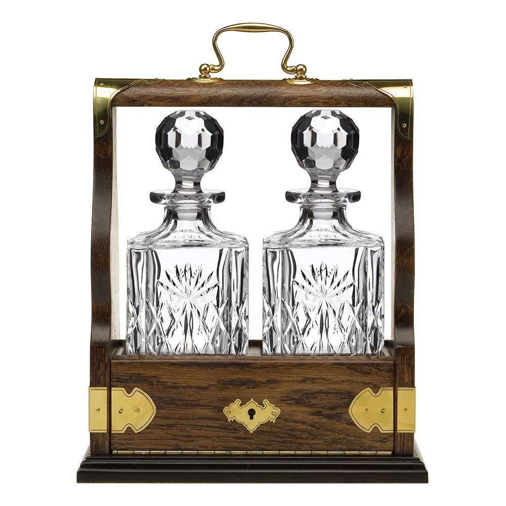 Kintyre Double Tantalus (Solid Oak) - Containing 2 Crystal Kintyre Square Spirit Decanters - (Gift Boxed) | Royal Scot Crystal  