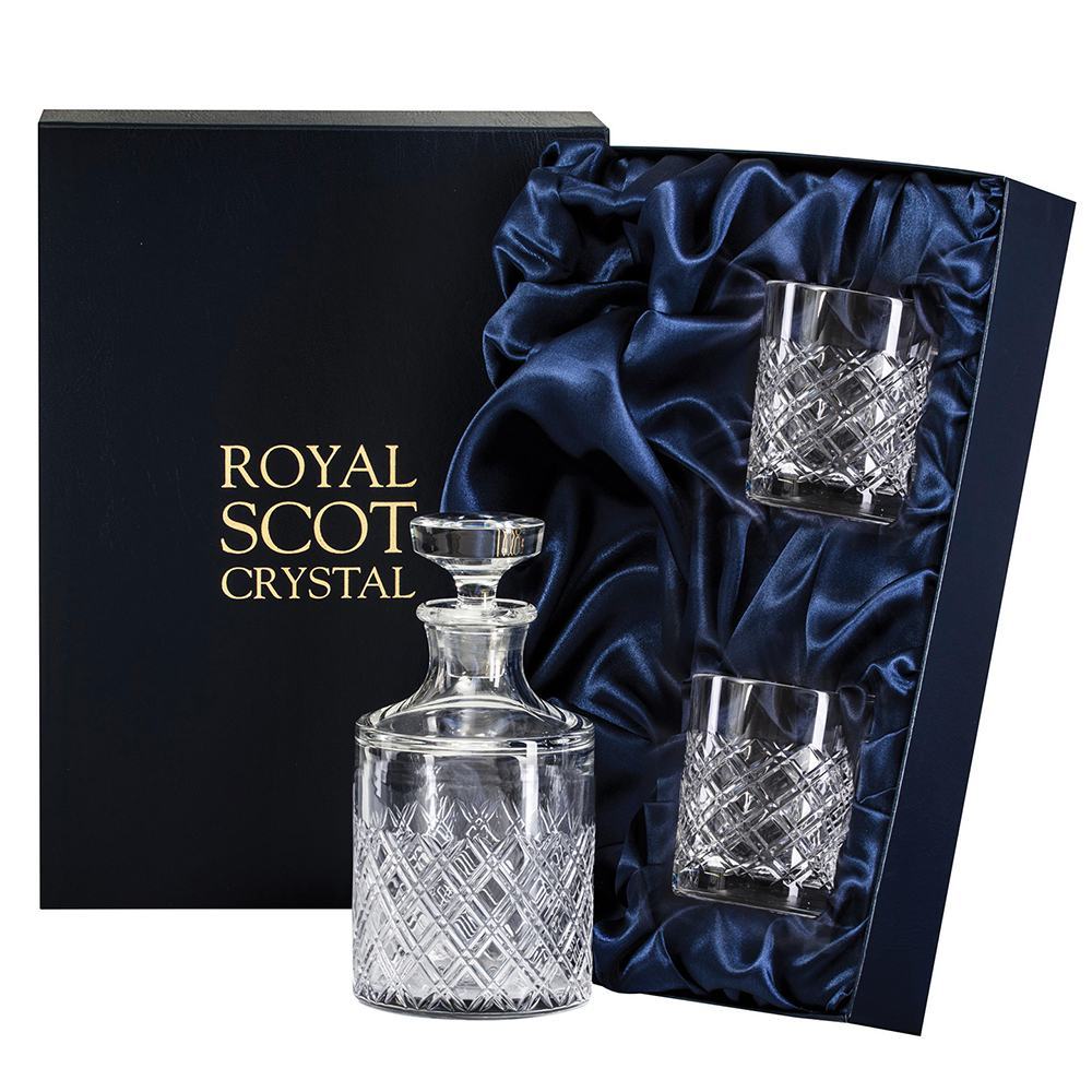 Tartan - Crystal Single Malt Round Spirit Set (Decanter 200mm & 2 Tumblers 84mm) (Presentation Boxed) | Royal Scot Crystal