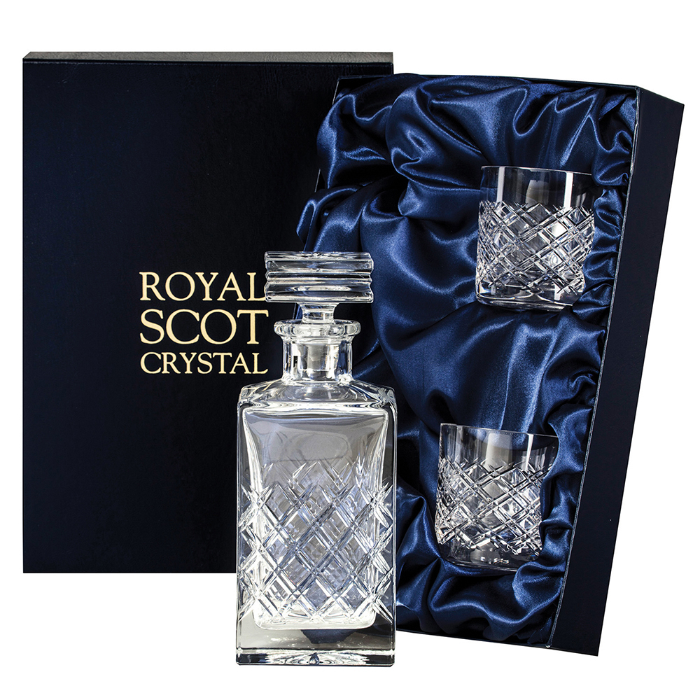 Tartan Crystal Square Spirit Set Decanter & 2 Tumblers(Presentation