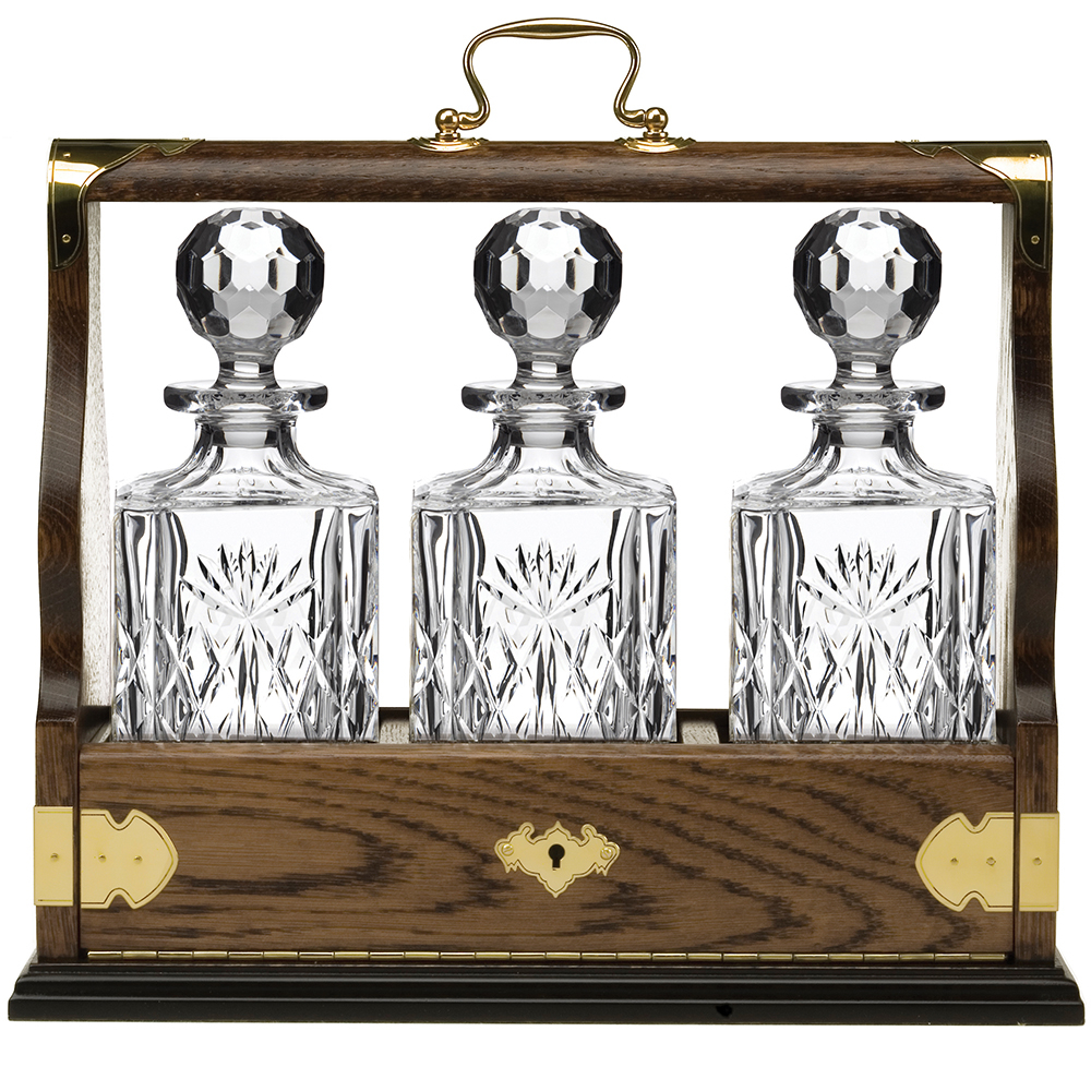 Kintyre Triple Tantalus (Solid Oak) - Containing 3 Crystal Kintyre Square Spirit Decanters - (Gift Boxed) | Royal Scot Crystal  - Pre order for delivery in 4 weeks 