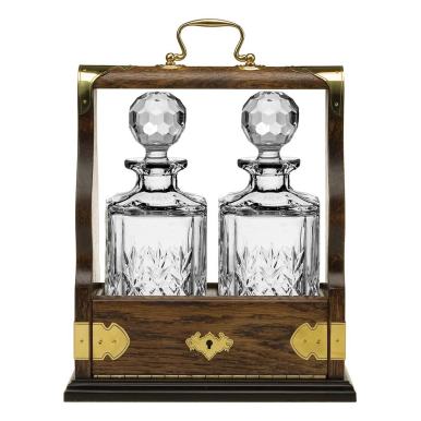 Edinburgh Double Tantalus (Solid Oak) - Containing 2 Crystal Edinburgh Square Spirit Decanters - (Gift Boxed) | Royal Scot Crystal 