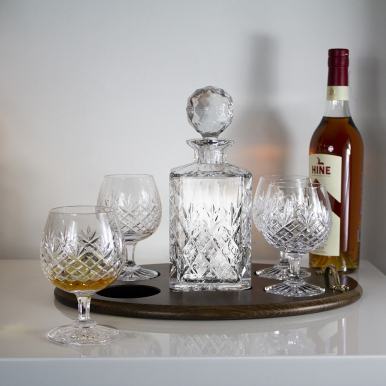 Edinburgh Brandy Club Tray Set (Square Decanter & 4 Brandies on Solid Oak Wooden Tray) (Gift Boxed) | Royal Scot Crystal