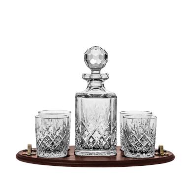 Edinburgh Club Tray Set (Square Decanter & 4 Large Tumblers on a Solid Oak Wooden Tray) (Gift Boxed) | Royal Scot Crystal