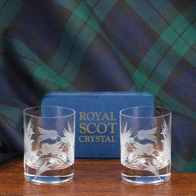 Flower of Scotland (thistle) - 2 Tot (Shot)Glasses (Matt, Straight Sided) 60mm (Gift Boxed) | Royal Scot Crystal