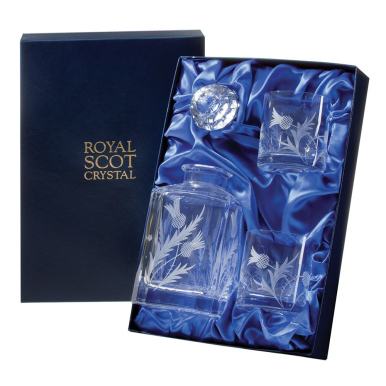 Flower of Scotland (thistle) - Whisky Set: 1 Square Spirit Decanter & 2 Large Tumblers (Presentation Boxed) | Royal Scot Crystal 