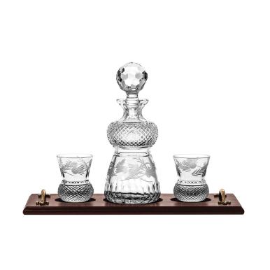 Flower of Scotland Solid Oak Whisky Tray & Crystal Thistle Shaped Round Spirit Decanter & 2 Crystal Whisky Tumblers (Thistle Shaped) (Gift Boxed) | Royal Scot Crystal