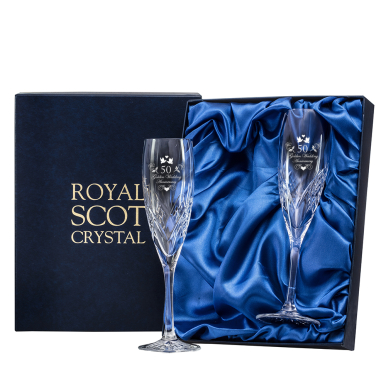 Golden Wedding Anniversary (50) Highland - 2 Crystal Flute Champagne Glasses (Presentation Boxed)