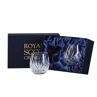Highland Crystal 2 Gin & Tonic Tumblers (G&T) 12oz,95mm  (Barrel Shaped) (Presentation Boxed) | Royal Scot Crystal