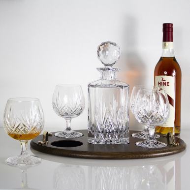 Highland Brandy Club Tray Set (Square Decanter & 4 Brandies on Solid Oak Wooden Tray) (Gift Boxed) | Royal Scot Crystal
