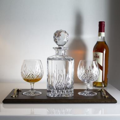 Highland Solid Oak Brandy Tray Set (Square Spirit Decanter & 2 Brandy Glasses) (Gift Boxed) | Royal Scot Crystal