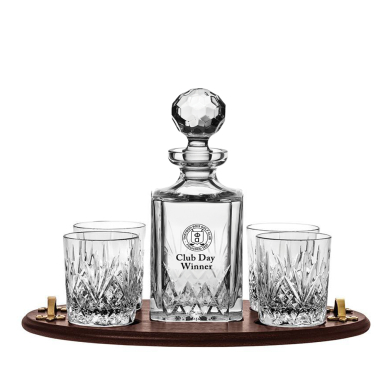 Personalised - Hand Cut Crystal Engraved Highland Club Tray Set (1 Sq. Spirit Dec. &  4 Large Tumblers - Solid Oak Tray) | Royal Scot Crystal 