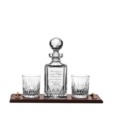 Personalised - Hand Cut Crystal Engraved Highland Whisky Tray Set (1 Sq. Spirit Dec. & 2 Large Tumblers - Solid Oak Tray) | Royal Scot Crystal 