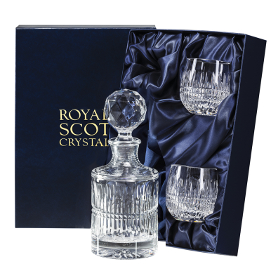 Iona Single Malt Whisky Set - Round Decanter and 2 Barrel Tumblers (Presentation Boxed) | Royal Scot Crystal 