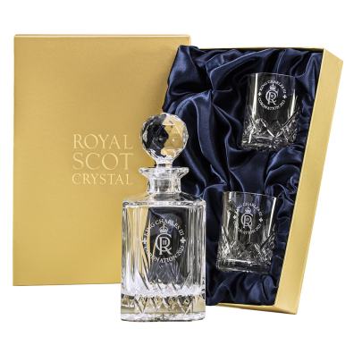 King's Coronation - Highland Whisky Set Inc. 1 Sq. Decanter and 2 Large Tumblers (Presentation Boxed) | Royal Scot Crystal 
