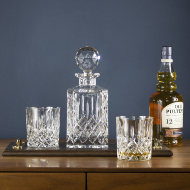 London Solid Oak Whisky Tray & Crystal Square Spirit Decanter & 2 Large Crystal Tumblers (Gift Boxed) | Royal Scot Crystal 