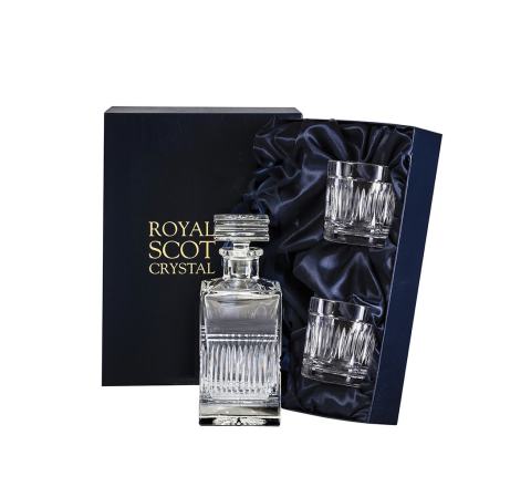 Art Deco Crystal Square Spirit Set Decanter & 2 Whisky Tumblers (Presentation Boxed) | Royal Scot Crystal
