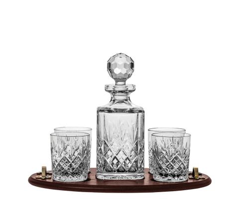 Edinburgh Club Tray Set (Square Decanter & 4 Large Tumblers on a Solid Oak Wooden Tray) (Gift Boxed) | Royal Scot Crystal