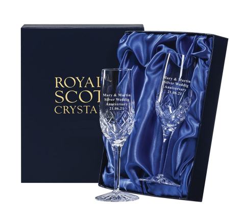 Personalised - Hand Cut Engraved 2 Highland Champagne Flutes - 232mm (Presentation Boxed) | Royal Scot Crystal