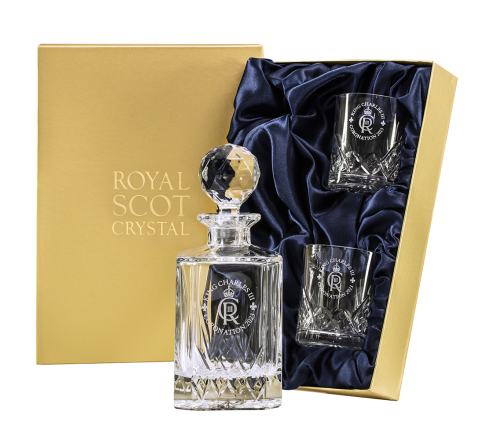 King's Coronation - Highland Whisky Set Inc. 1 Sq. Decanter and 2 Large Tumblers (Presentation Boxed) | Royal Scot Crystal 