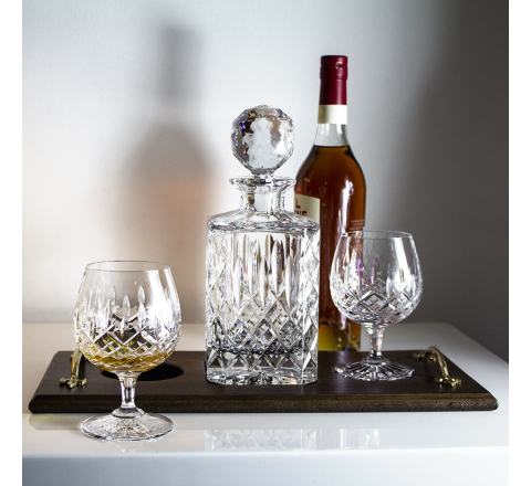 London Solid Oak Brandy Tray Set (Square Spirit Decanter & 2 Brandy Glasses) (Gift Boxed) | Royal Scot Crystal