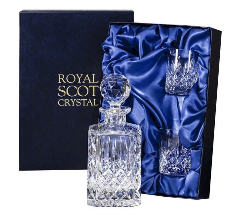 London - Whisky Set  - Square Spirit Decanter & 2 Crystal Whisky Tumblers (Presentation Boxed) | Royal Scot Crystal 