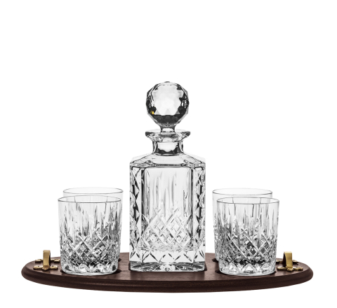London Club Tray Inc. Crystal Square Spirit Decanter & 4 Large Crystal Tumblers (Solid Oak) (Gift Boxed) | Royal Scot Crystal