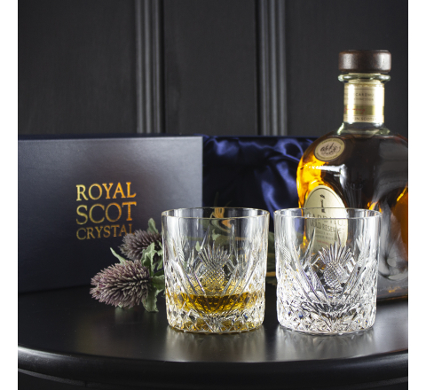 Scottish Thistle - 2 Whisky Tumblers 84mm (Presentation Boxed) | Royal Scot Crystal 