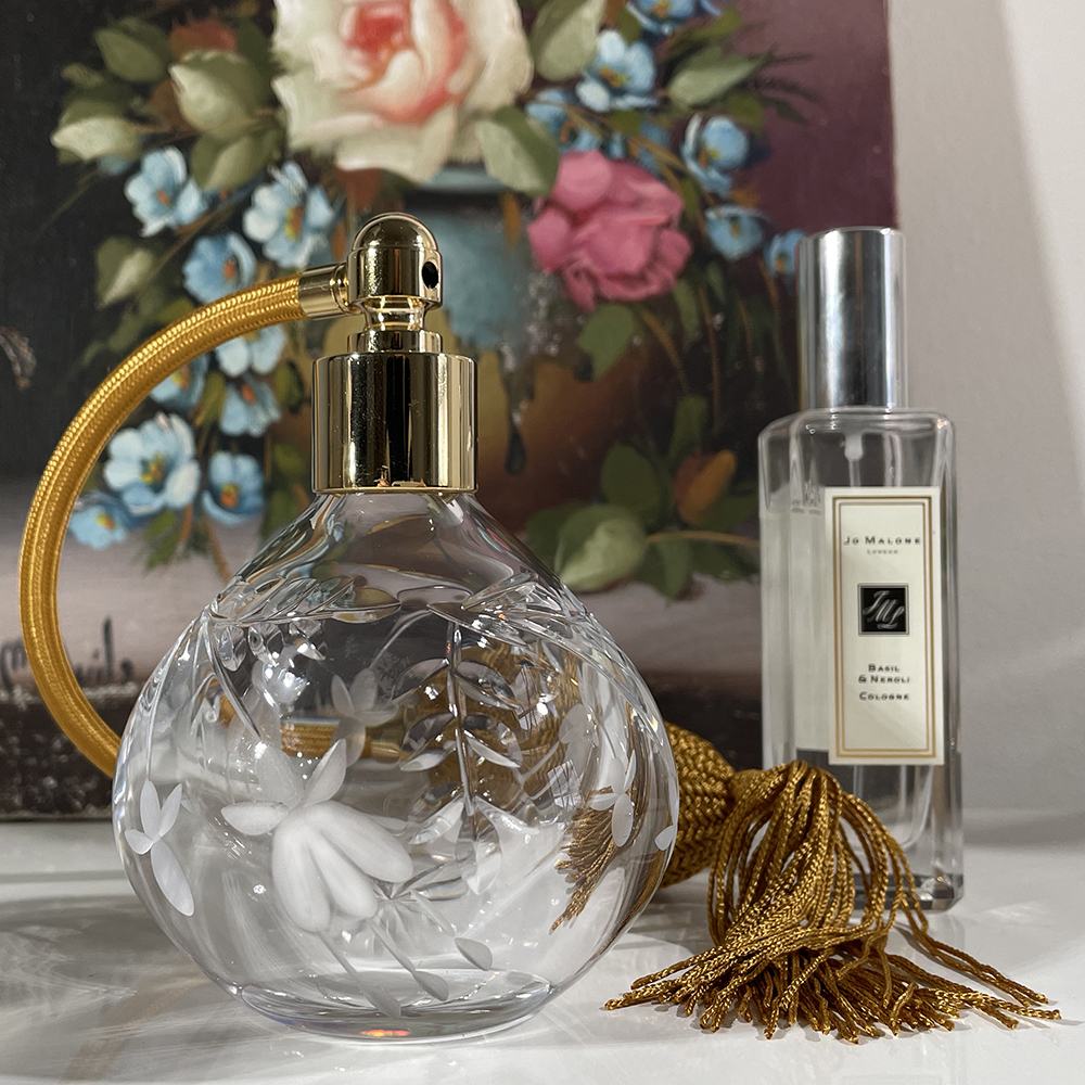 Annabel Crystal Glass Perfume Bottle (Round) with Gold Atomiser (Gift Boxed) Royal Scot Crystal