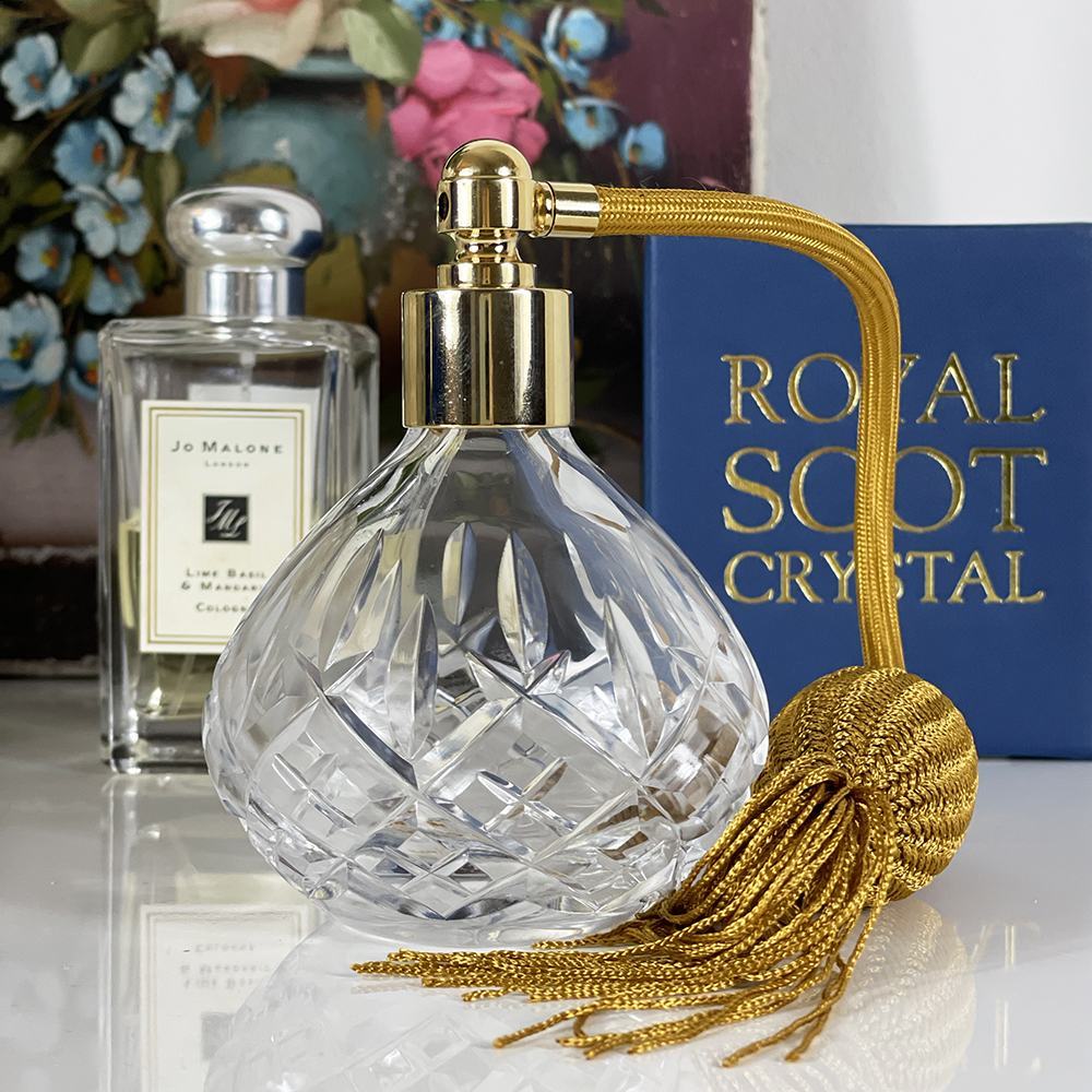 London Crystal Glass Perfume Bottle (Round) with Gold Atomiser (Gift Boxed) Royal Scot Crystal