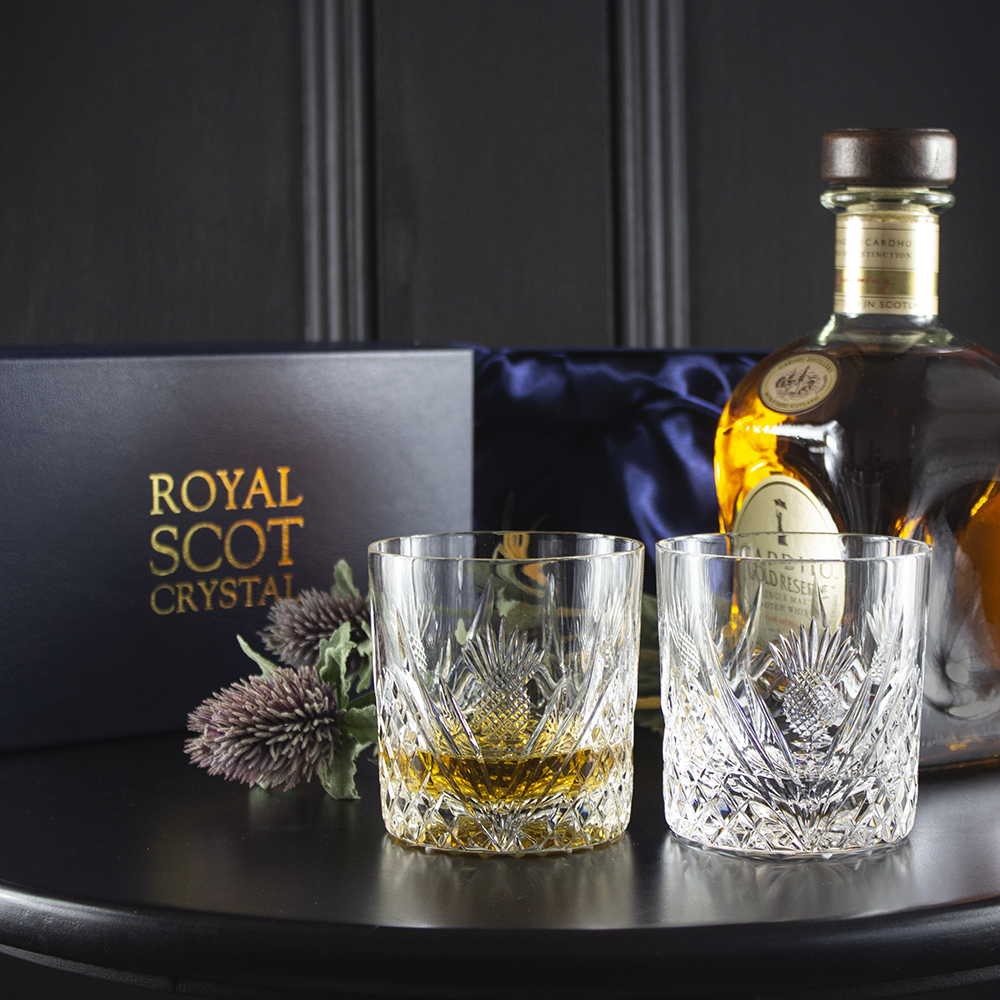 Scottish Thistle - 2 Crystal Whisky Tumblers 84mm (Presentation Boxed)